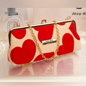NWO tags MIU MIU Red Heart Cosmetic Pouch / Bag With Chain NEW chain no brand